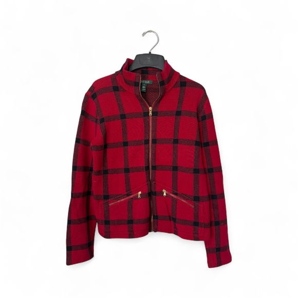 Ralph Lauren Front Zip Sweater Red & Black Plaid Size M - Picture 1 of 10